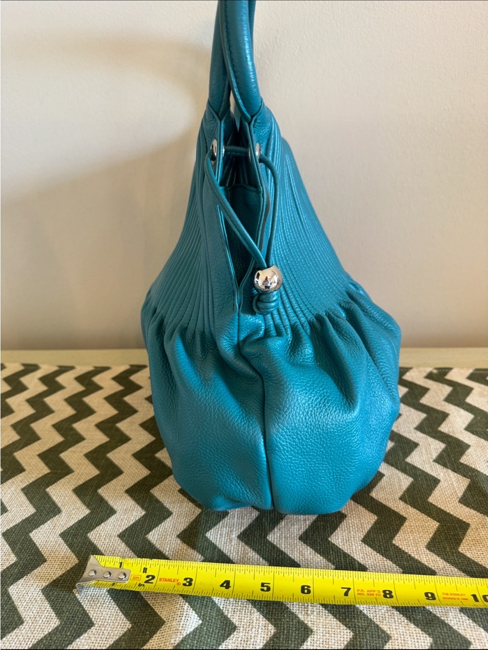 Teal Pleated Shoulder Bag - Soft Gathered Leather Handbag - Picture 2 of 3